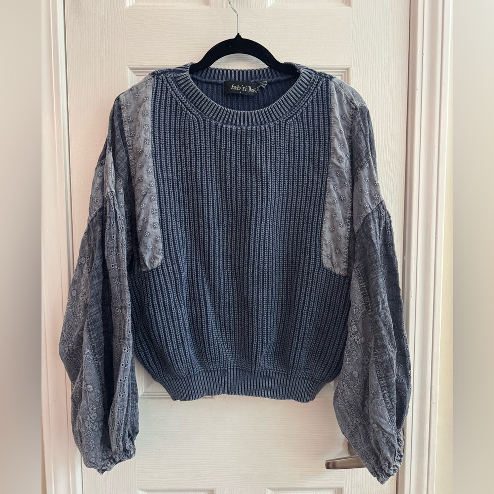 FAB'RIK Patchwork Blue Puff Sleeve Sweater Size Large
